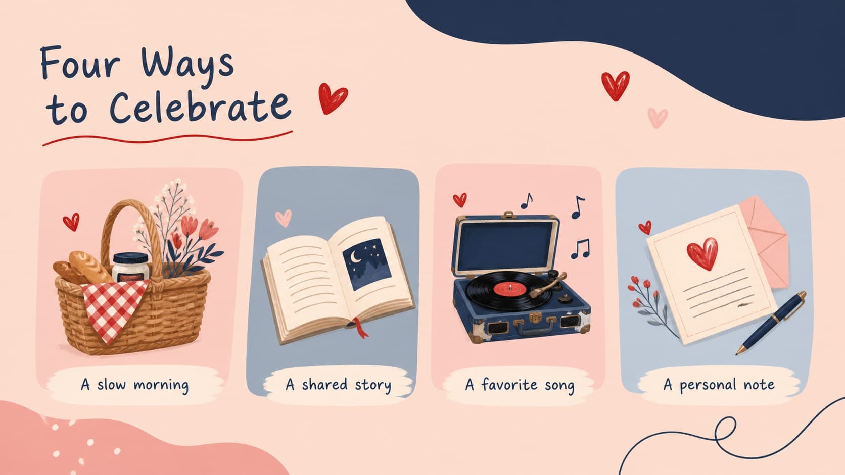 Digital Valentine gift slideshow layout with four illustrated gift ideas in colorful panels.