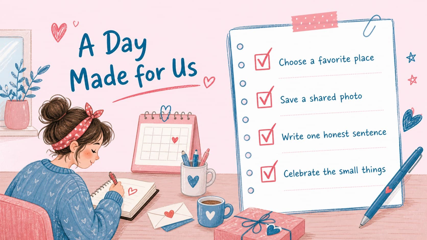 Illustrated Valentine presentation slide with a personalized checklist for a thoughtful celebration.