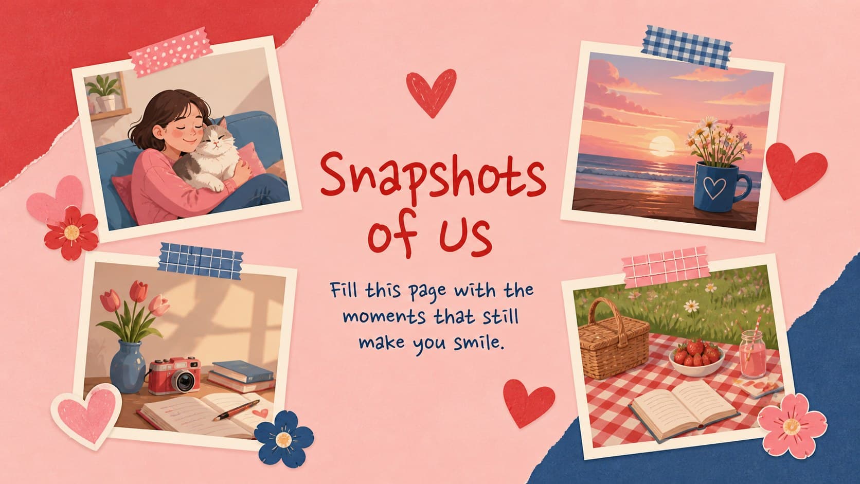 Pink and blue Valentine memory slide with a collage of editable photos and affectionate captions.