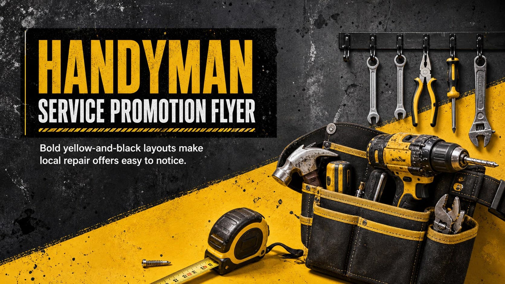 Cover for a handyman service promotion flyer with bold yellow and black industrial styling and repair tool imagery.