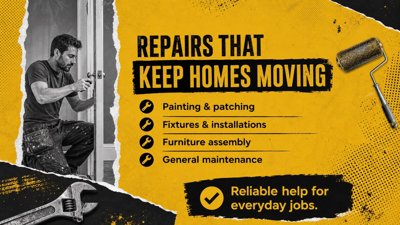 Yellow and black home repair services flyer template listing installation, painting, assembly, and maintenance work.