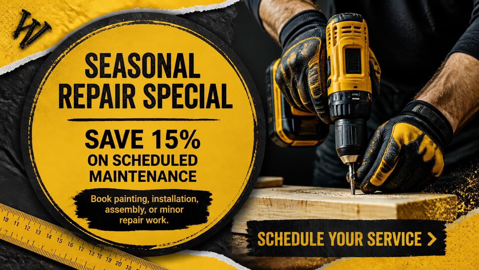 Contractor special offer flyer featuring a seasonal maintenance discount in a distressed yellow and black layout.