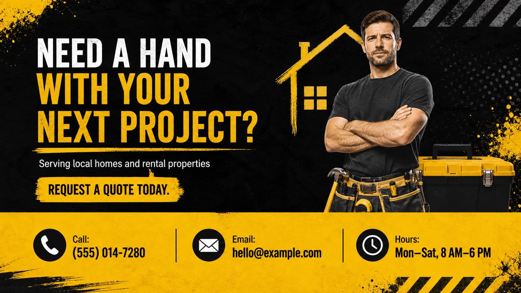 Local handyman marketing flyer contact slide with service-area details and a prominent booking call to action.