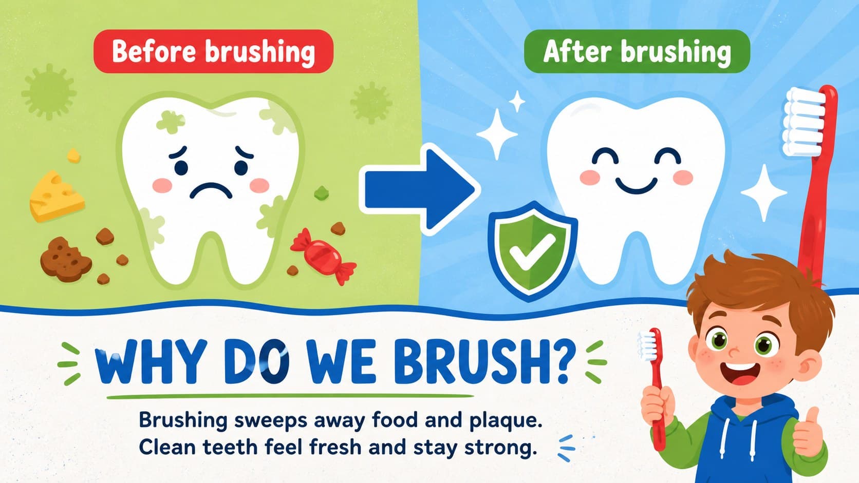 Preschool tooth brushing lesson slide showing why teeth need daily cleaning.