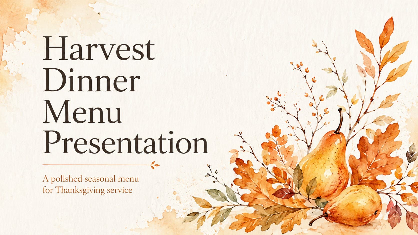 Cover of a harvest dinner menu presentation with elegant orange watercolor leaves on a white background.
