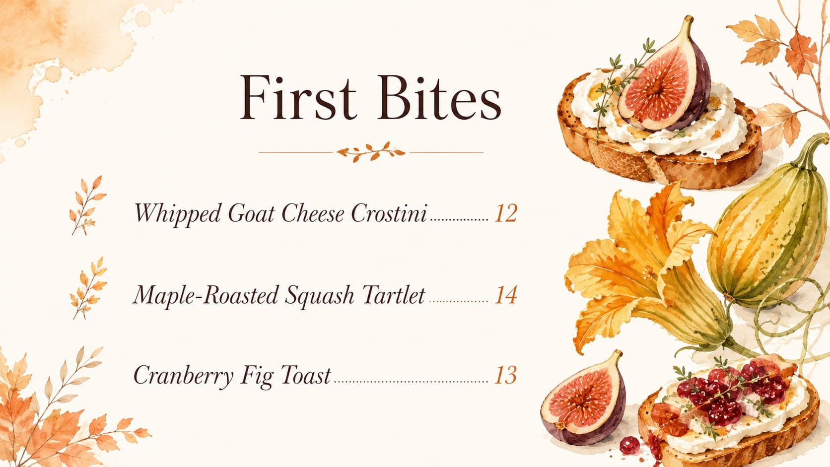 Watercolor Thanksgiving appetizer menu slide listing three refined seasonal starters.