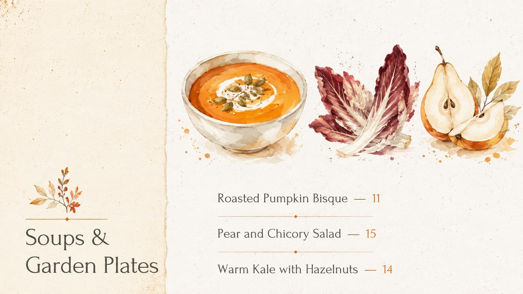 Orange watercolor soup and salad menu for a Thanksgiving restaurant dinner.