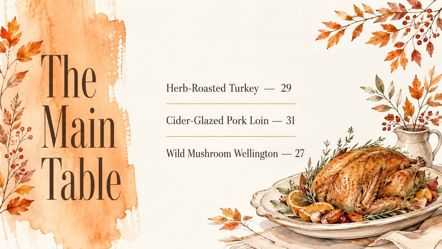 Harvest dinner menu presentation slide featuring Thanksgiving main courses and watercolor garnish.