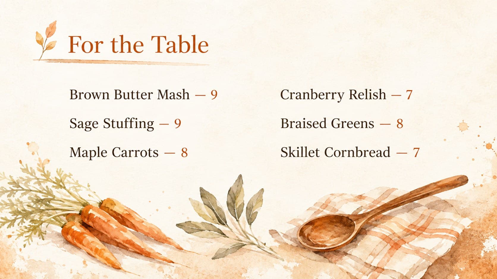 Seasonal restaurant menu presentation page showing classic Thanksgiving side dishes.
