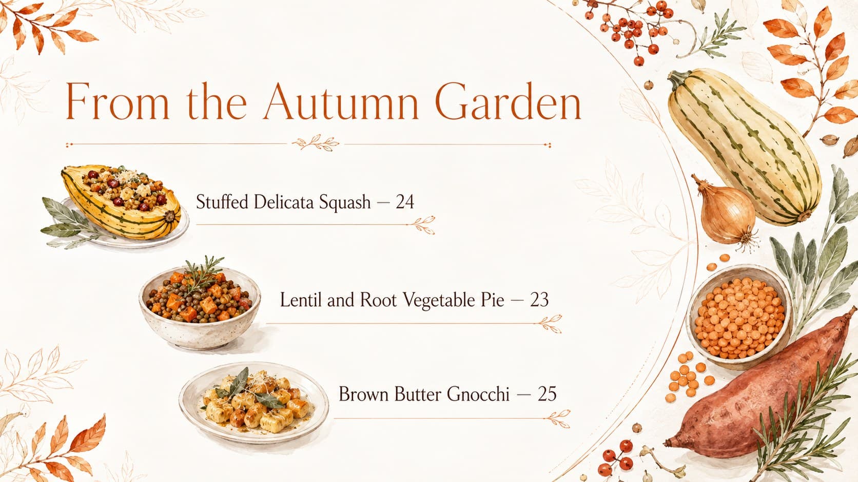 Elegant fall dining presentation slide highlighting vegetarian Thanksgiving selections.
