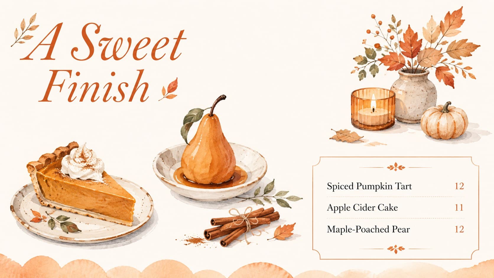 Orange watercolor dessert menu slide with pie and seasonal sweets for Thanksgiving.