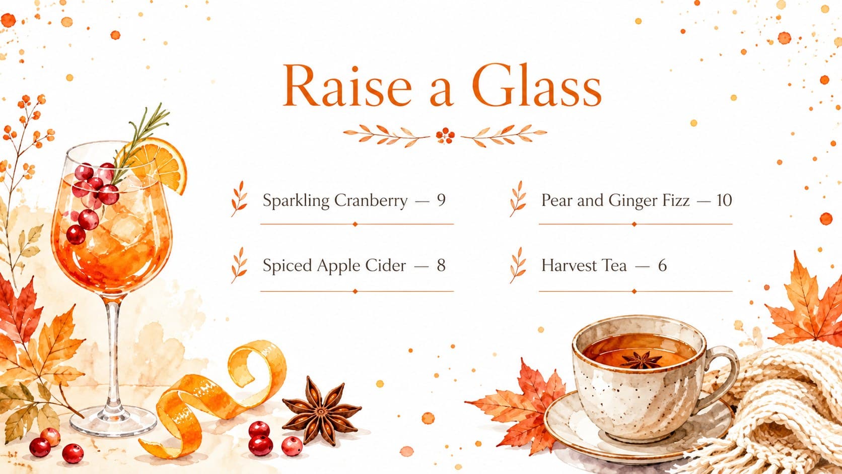 Thanksgiving beverage menu with cider, sparkling drinks, and orange watercolor details.