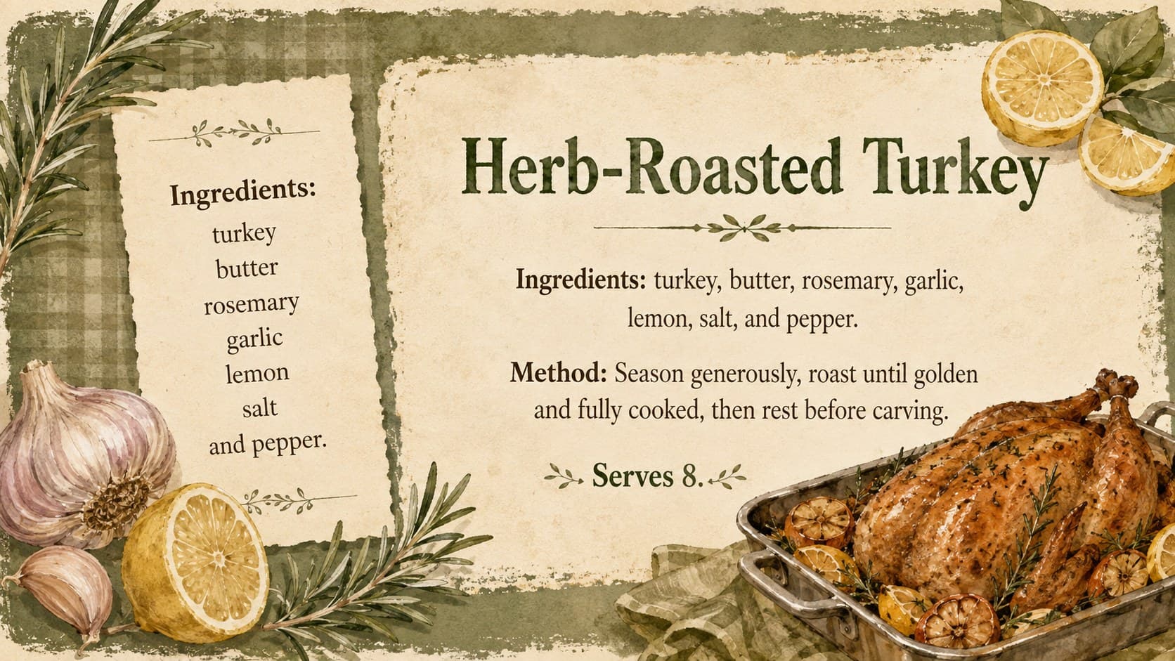 Illustrated Thanksgiving main course recipe card presenting herb-roasted turkey ingredients and cooking steps.