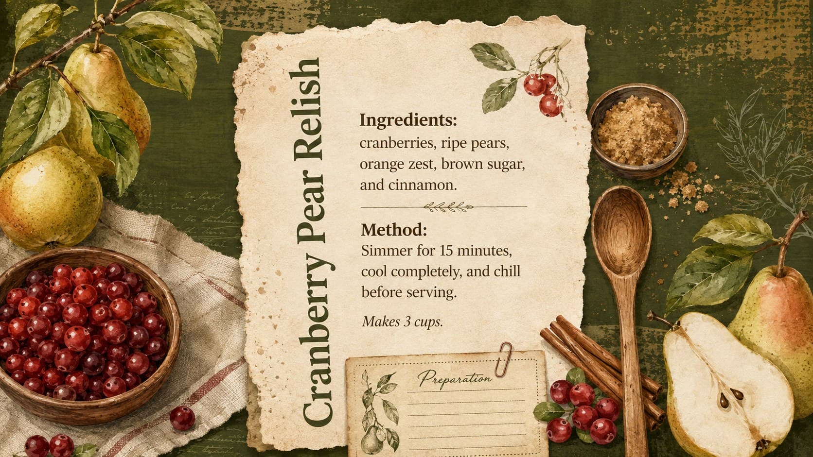 Watercolor holiday recipe card for cranberry pear relish in an editable Thanksgiving recipe card layout.