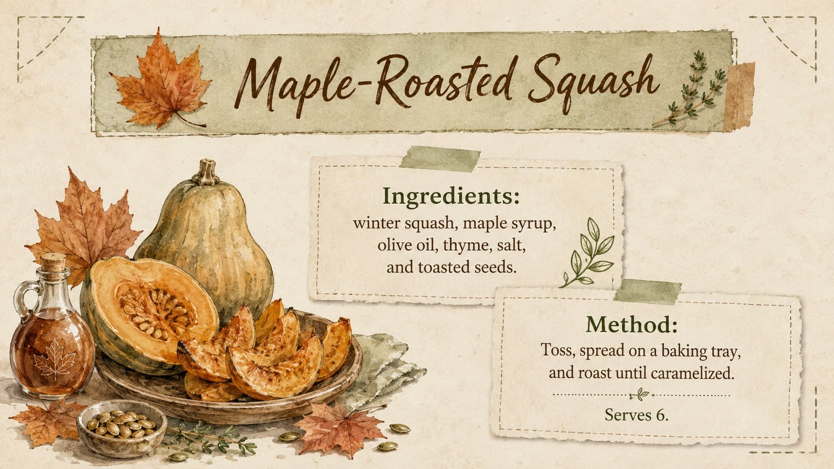 Green and brown harvest recipe slide featuring maple-roasted squash with ingredients and preparation notes.