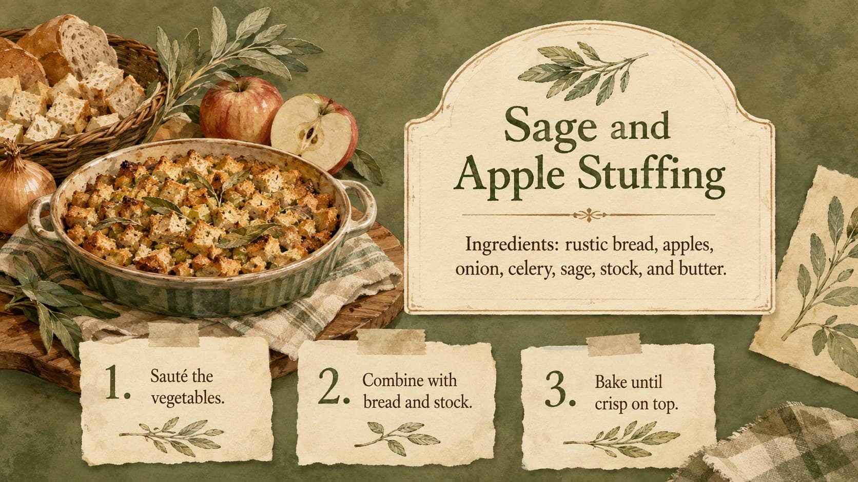 Rustic family cookbook presentation slide showing a sage and apple stuffing recipe with watercolor details.