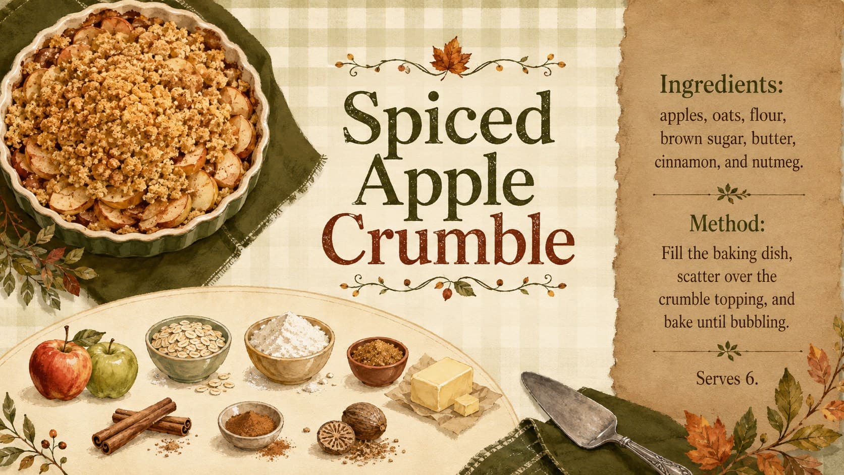 Watercolor fall dessert recipe card presenting spiced apple crumble for a seasonal family cookbook.