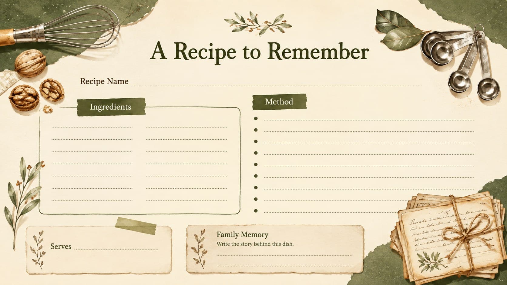 Blank printable harvest recipe card template with labeled spaces for ingredients, method, memories, and serving notes.
