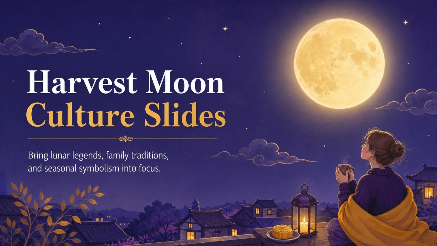 Illustrated cover for a harvest moon culture slides deck with a glowing moon, clouds, and purple-yellow seasonal artwork.