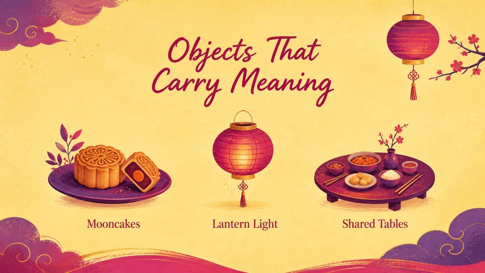 Cultural festival presentation template slide explaining mooncakes, lanterns, and reunion customs.