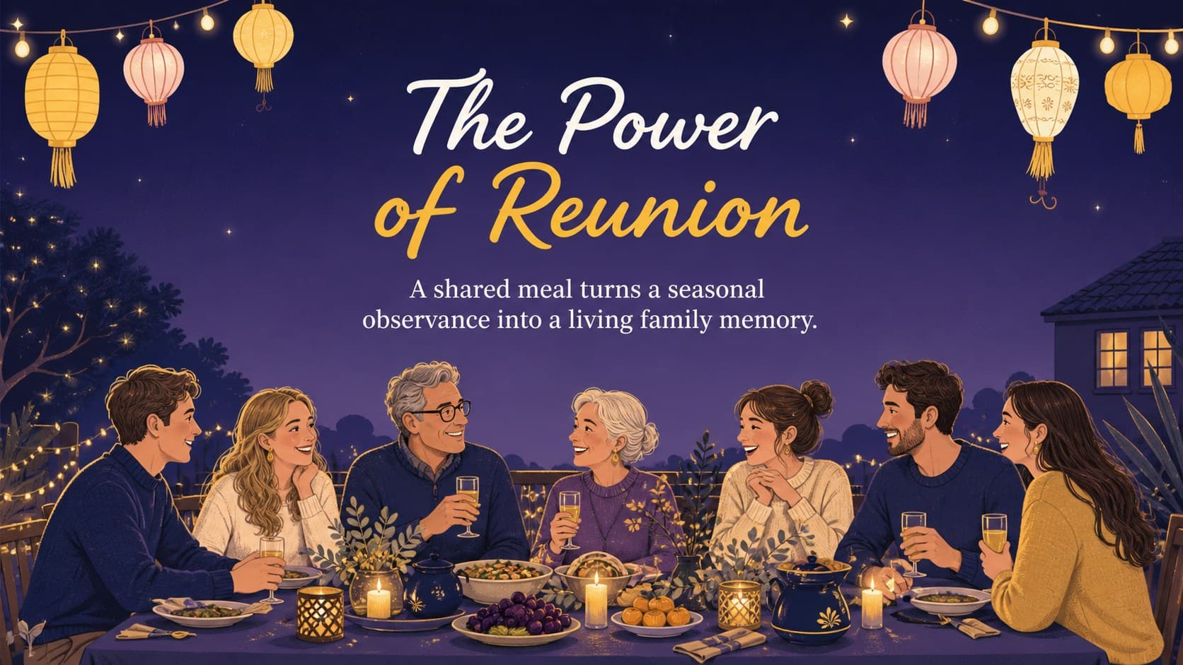 Harvest moon event presentation slide featuring an illustrated family gathering under a purple night sky.