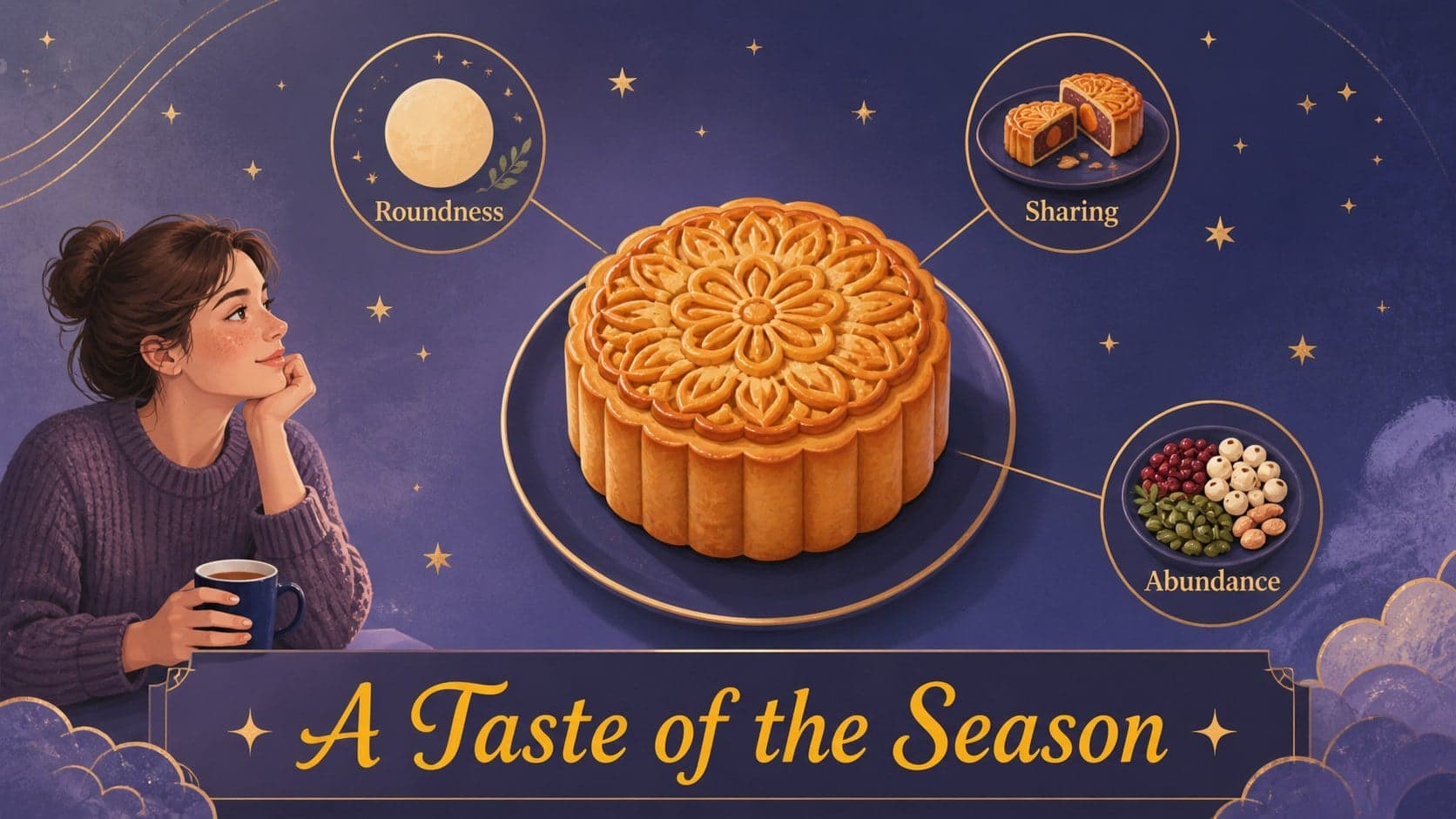 East Asian heritage presentation slide with an illustrated mooncake showcase and descriptive callouts.