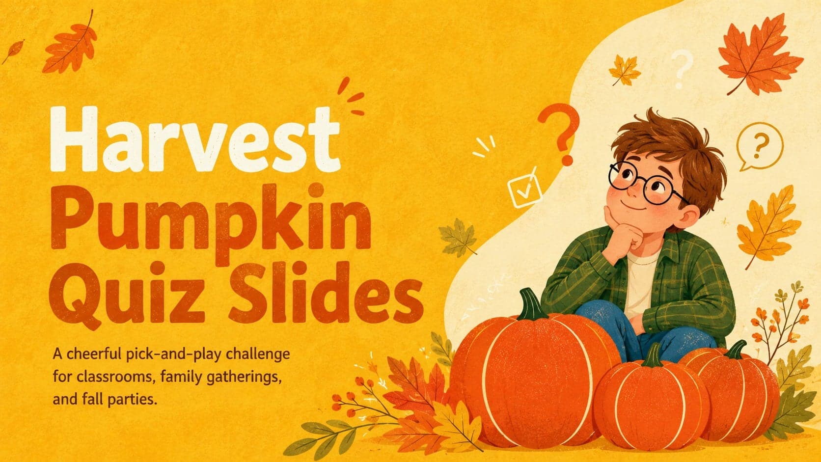 Cover for Harvest Pumpkin Quiz Slides with bright yellow autumn artwork and a playful pumpkin selection theme.