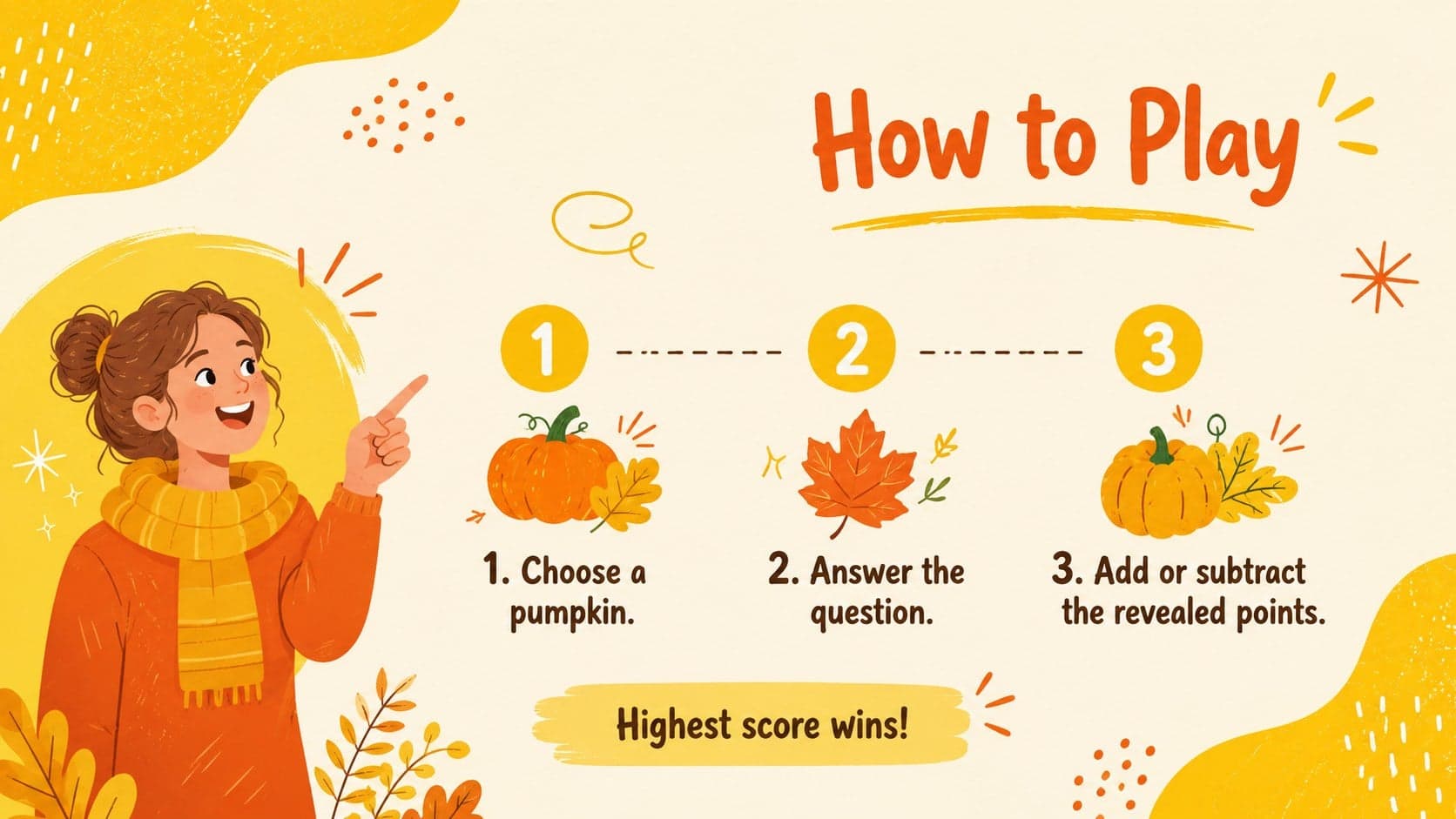 Instruction layout explaining how to play the interactive pumpkin question game in three simple steps.