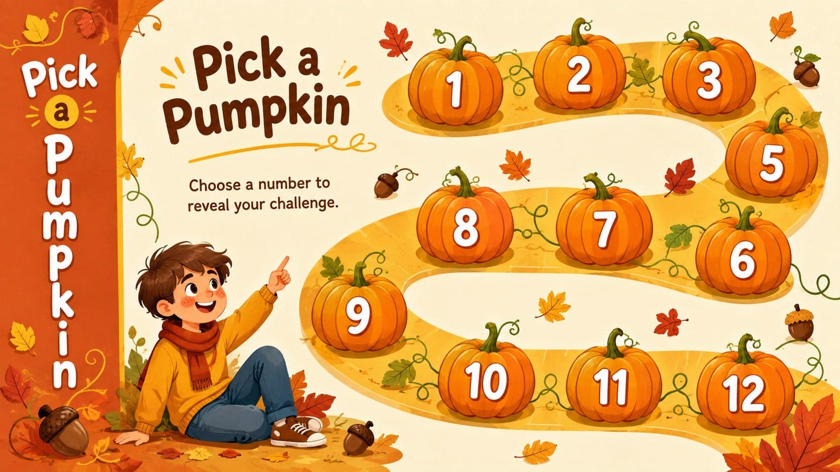 Pumpkin picking trivia activity board with numbered pumpkins ready for players to select.