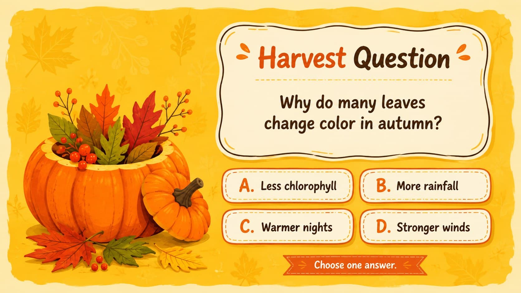 Autumn quiz slide showing a multiple-choice question about why leaves change color.