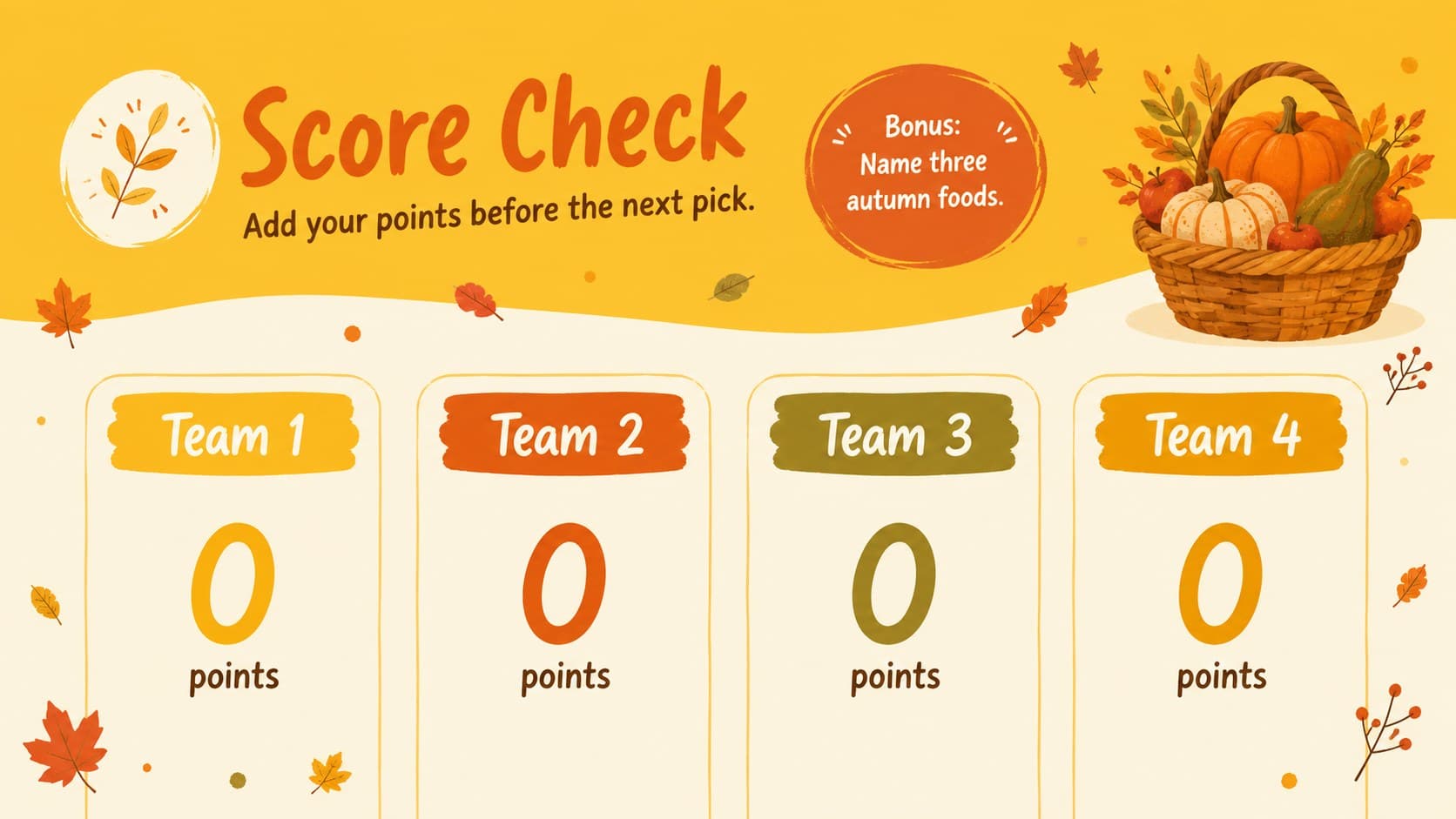 Yellow fall game slide deck score check with spaces for four team totals and a bonus challenge.