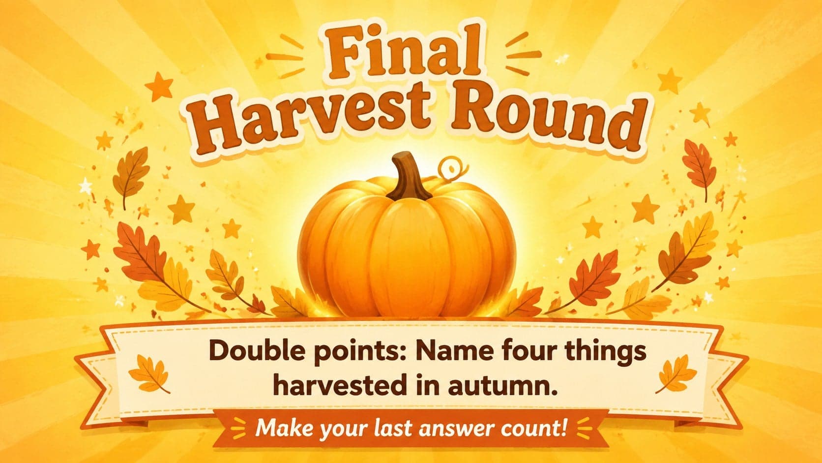 Final round screen for an autumn quiz presentation with a double-points pumpkin challenge.