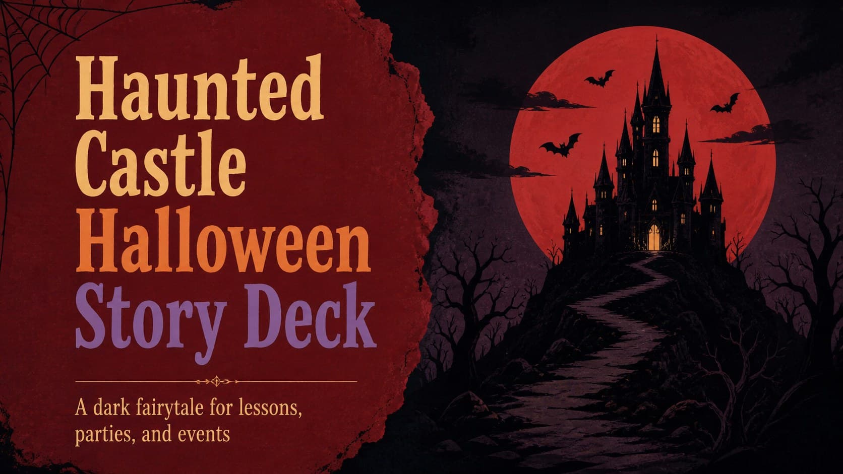 Title slide for a haunted castle Halloween story deck with a red moon, gothic castle, and dramatic black framing.
