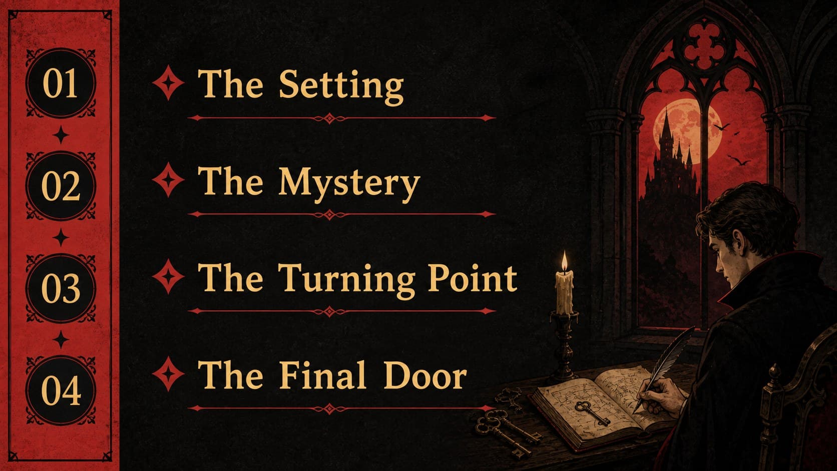 Agenda slide outlining chapters in a spooky storytelling deck with castle towers and red decorative marks.