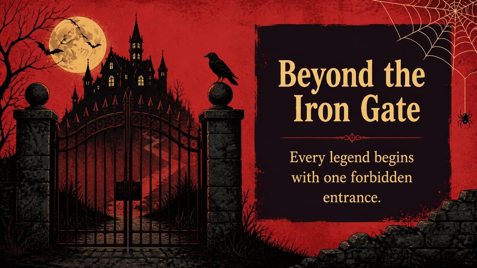 Opening story slide introducing a haunted castle setting with an illustrated gate and red moon.