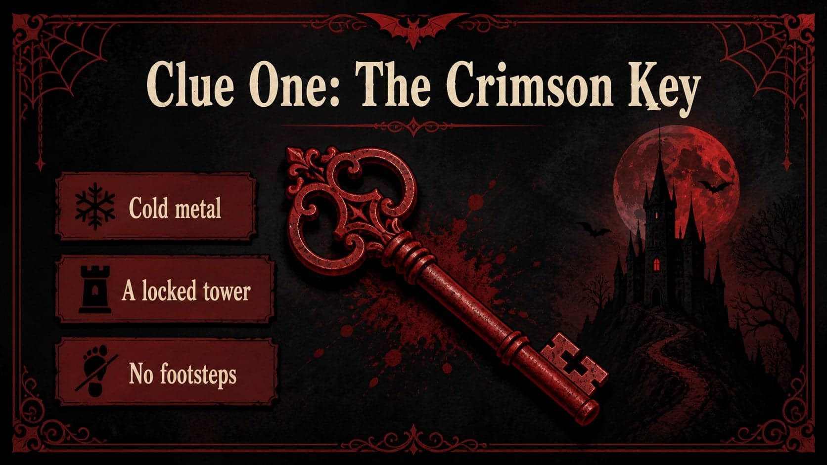 Story chapter slide showing a mysterious castle clue beside an illustrated red key.