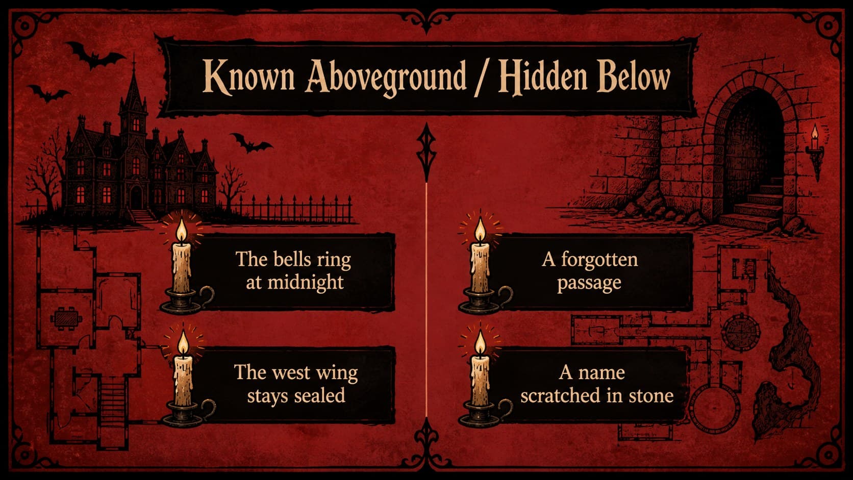 Two-column mystery slide comparing what the castle guests know and what remains hidden.