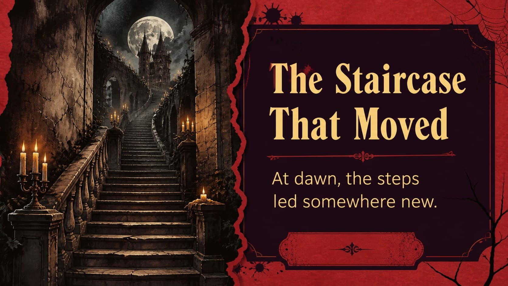 Image-led castle atmosphere slide with an illustrated staircase, candles, and a short narrative caption.