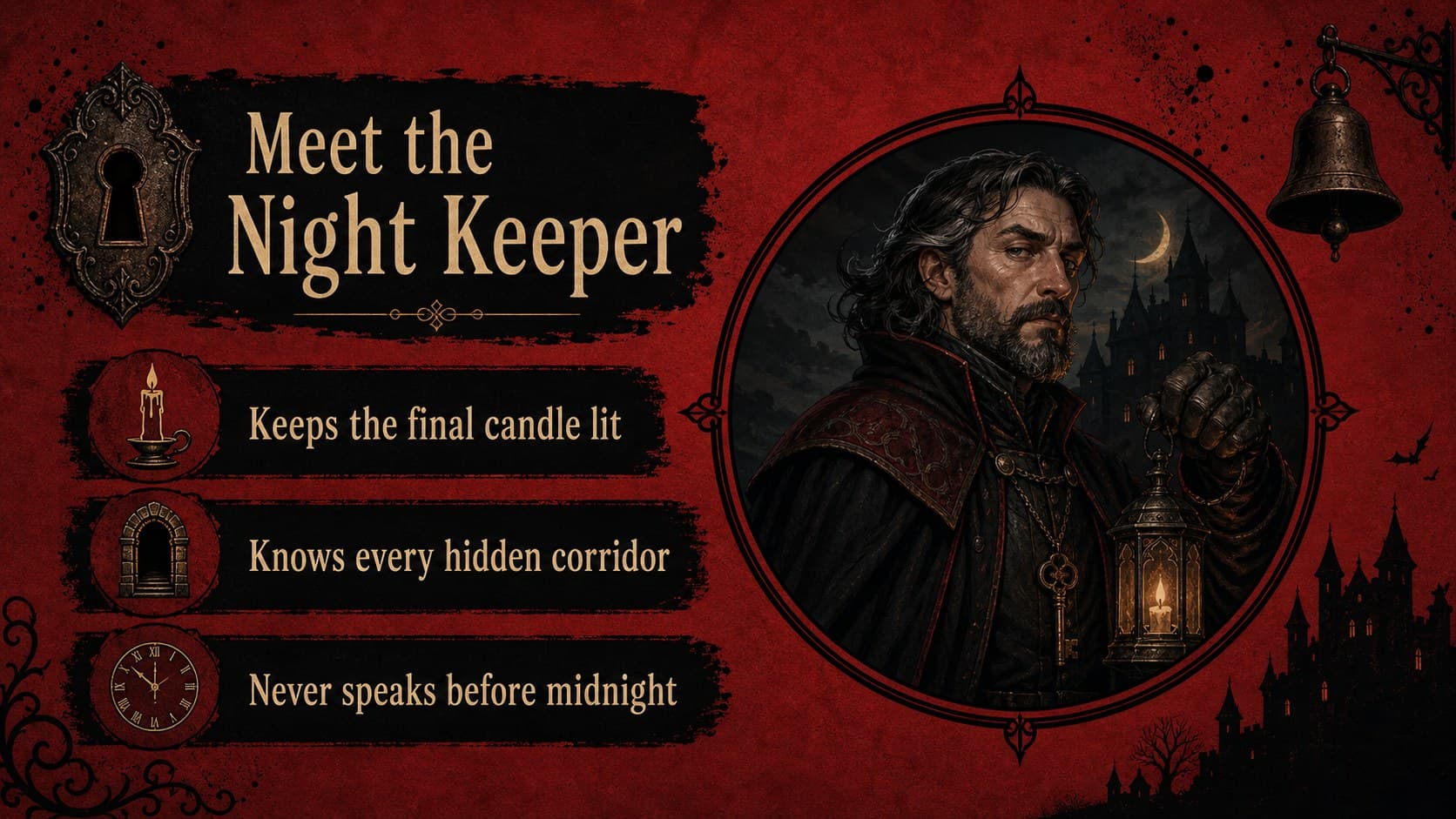Character profile slide for a Halloween story featuring an original mysterious keeper illustration and facts.
