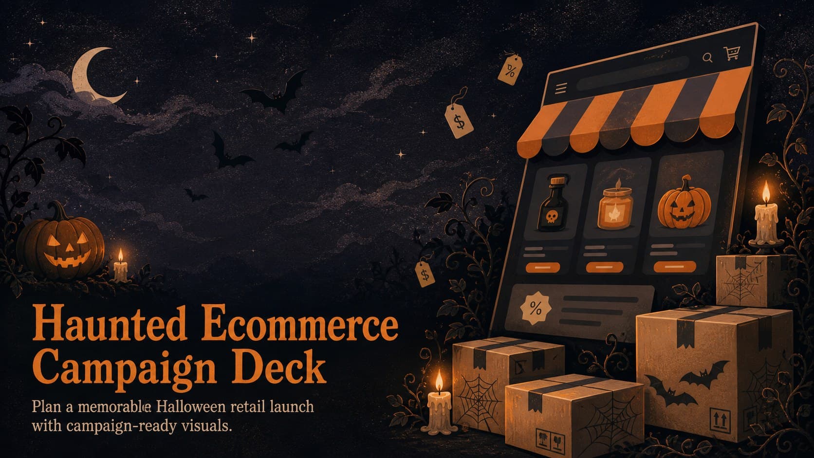 Cover of a haunted ecommerce campaign deck with an illustrated orange and black seasonal storefront.