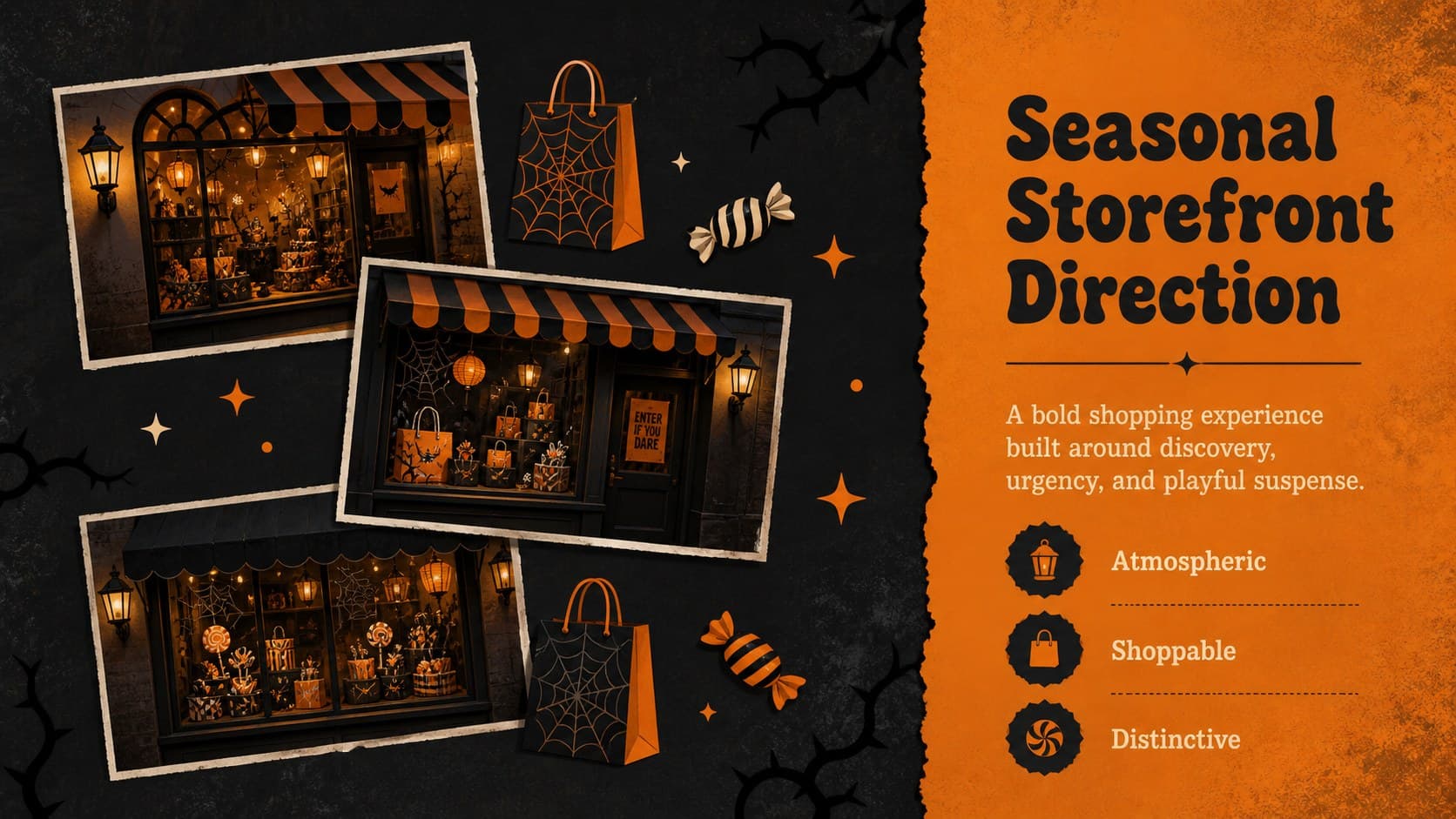 Seasonal storefront direction slide from a Halloween ecommerce campaign presentation.