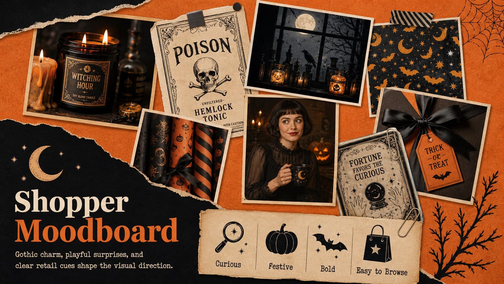Shopper moodboard slide with gothic retail textures and Halloween campaign colors.