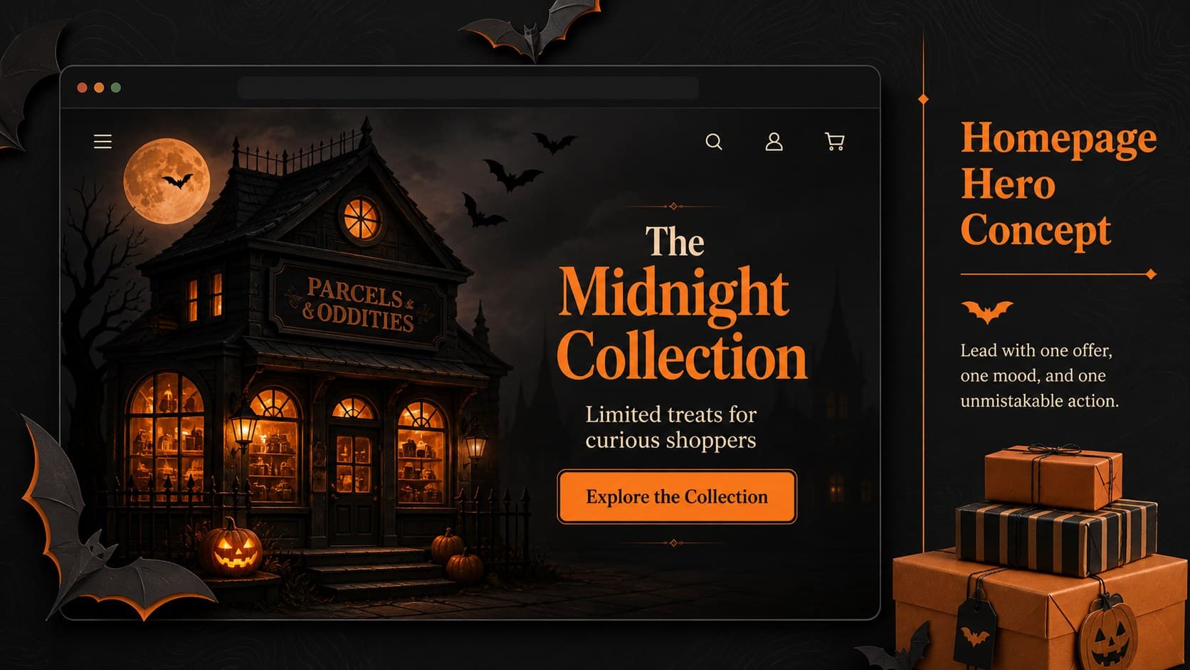 Halloween homepage hero concept featuring a seasonal online shop promotion.