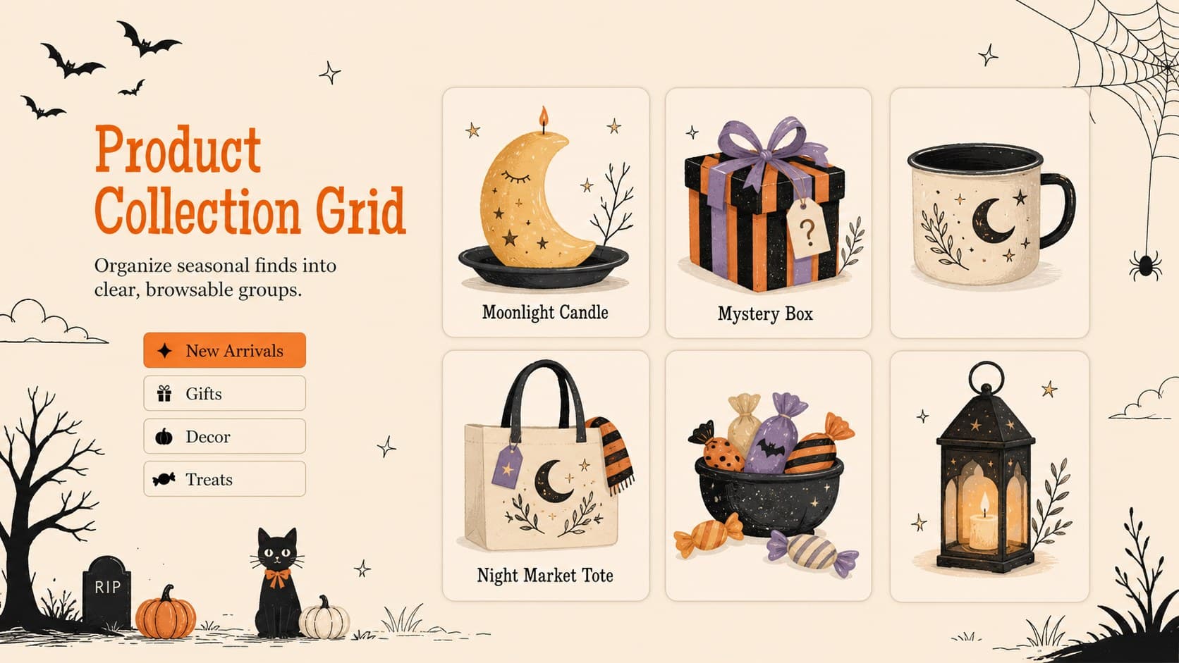Product collection grid for an illustrated Halloween online shopping campaign.