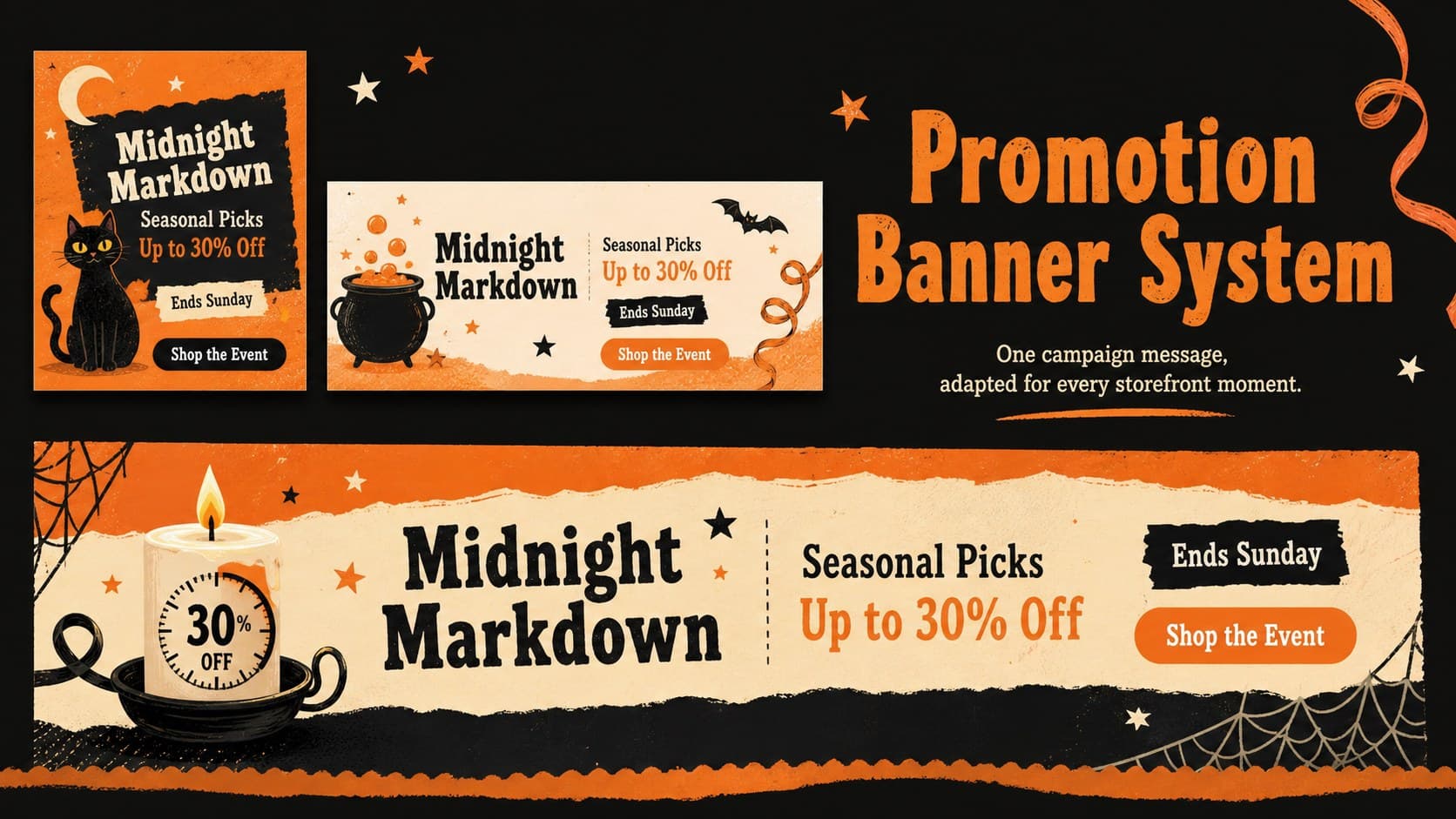 Promotion banner system slide for a dark orange Halloween retail campaign.