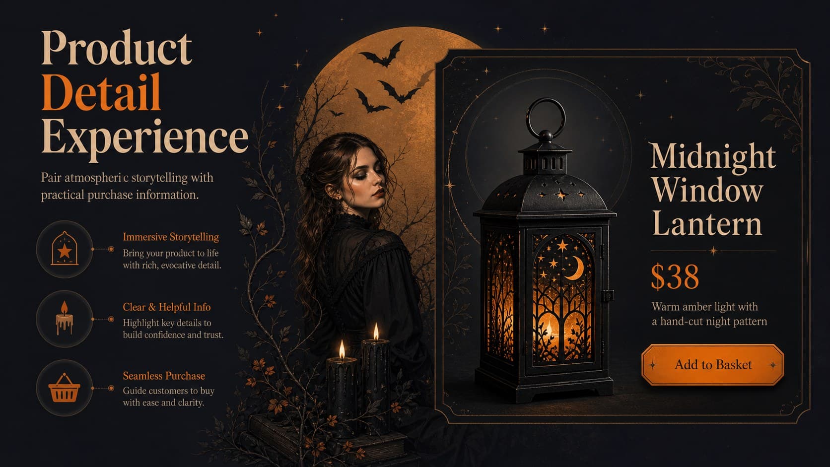 Seasonal product detail page concept in a haunted ecommerce campaign deck.