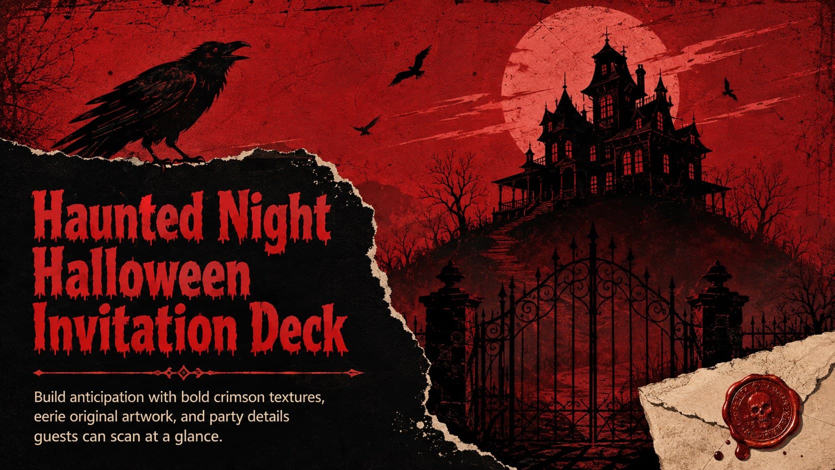 Cover of a haunted night Halloween invitation deck with crimson textures, a crooked manor, ravens, and dramatic party typography.