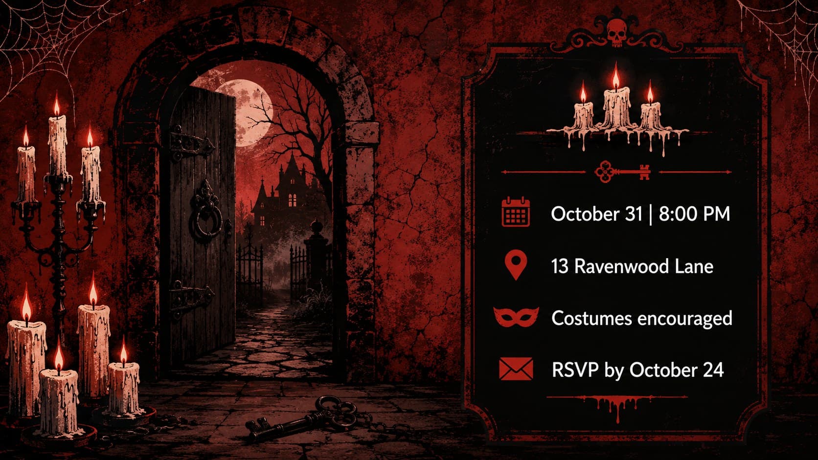 Editable red Halloween party invitation layout displaying the date, location, costume note, and RSVP deadline beside eerie candle artwork.