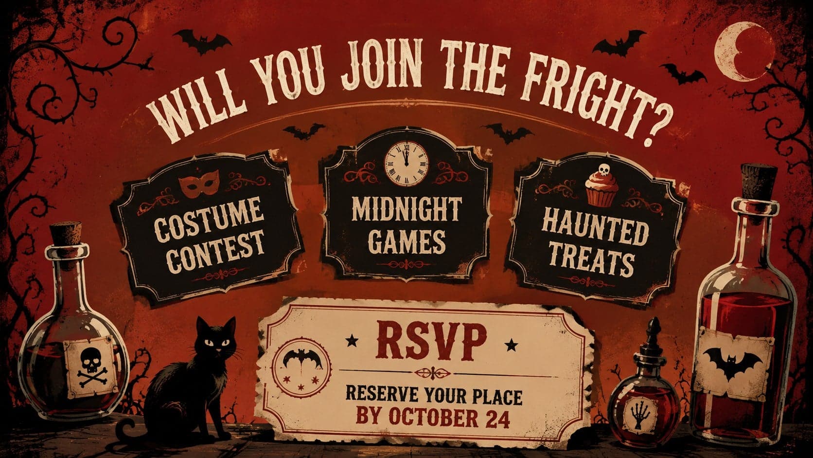 Halloween event invite presentation slide with costume contest details, spooky activities, and an RSVP call to action in a red illustrated layout.
