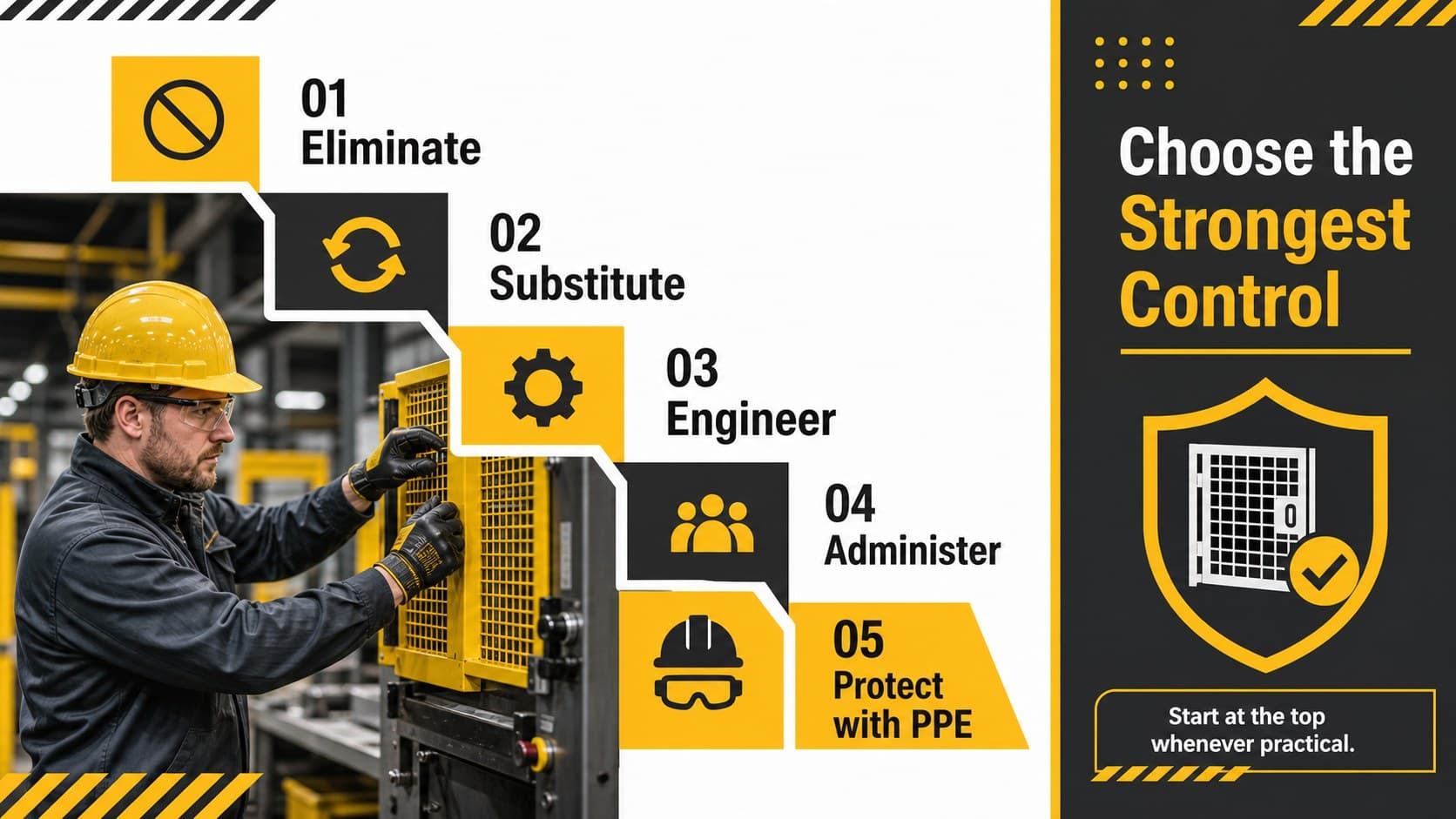 Hierarchy of controls training deck slide illustrating five levels of workplace hazard control.